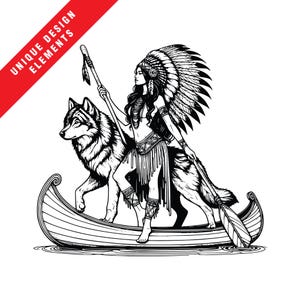 Native American Frau Canoe Wolf Clipart-Set - EPS SVG PNG, ursprüngliches Vektor Clipart, sofortiger digitaler Download, einzigartiges indisches Design, Stammes-