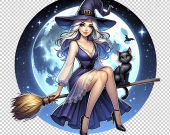Witch with Cat and Broom PNG - Halloween Clipart Instant Download. Magical Witch and Broomstick PNG - Digital Art for Crafting Projects