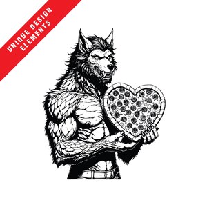 Werwolf Valentinstag herzförmige Pizza Geschenk - EPS SVG PNG Clipart, Originale Vektor-Illustration, sofortiger digitaler Download, einzigartiges Design