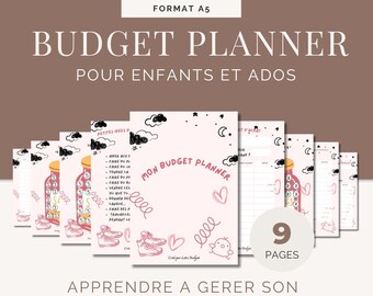 May include: A pink and white printable budget planner for kids and teens. The planner features a cute illustration of a jar with coins and the text "Mon Budget Planner". The text "Apprendre a gerer son argent de poche" is also included. The planner has 9 pages.