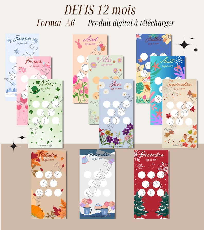 May include: Twelve printable cards featuring a monthly challenge theme. Each card has a colorful background with a different design for each month of the year. The cards have a title with the month name and the text "Defi du mois" which translates to "Challenge of the month".