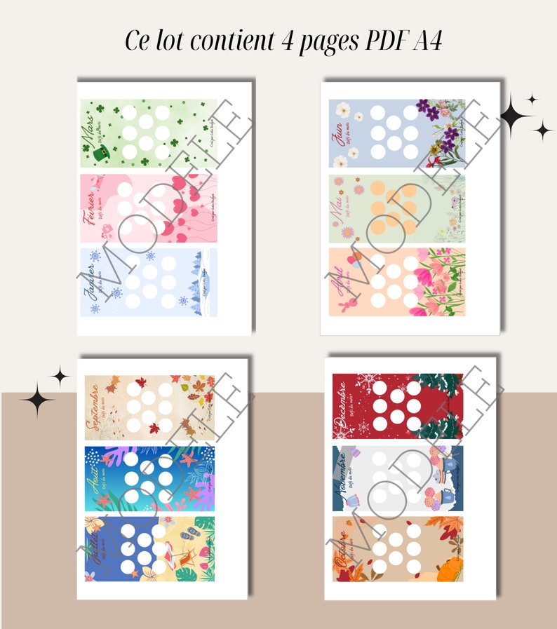 May include: Four printable pages with a monthly calendar design. Each page features a different month of the year with a colorful illustration and a dot-to-dot activity. The months featured are January, February, March, April, May, June, July, August, September, October, November, and December.