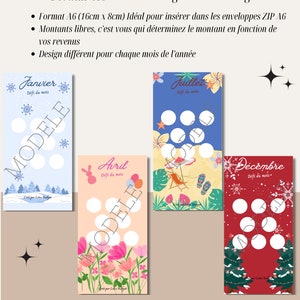 May include: A set of 12 printable monthly budget challenge cards. Each card features a different design and color scheme, with a circle for each day of the month. The cards are designed to help you save money and reach your financial goals.