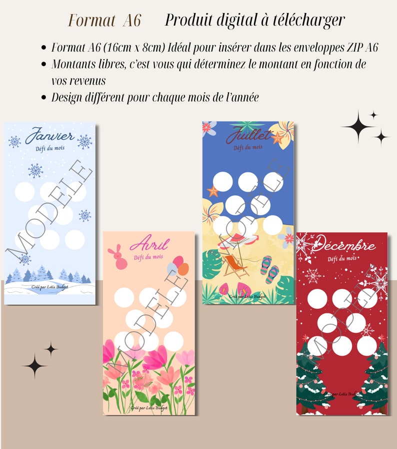 May include: A set of 12 printable monthly budget challenge cards. Each card features a different design and color scheme, with a circle for each day of the month. The cards are designed to help you save money and reach your financial goals.