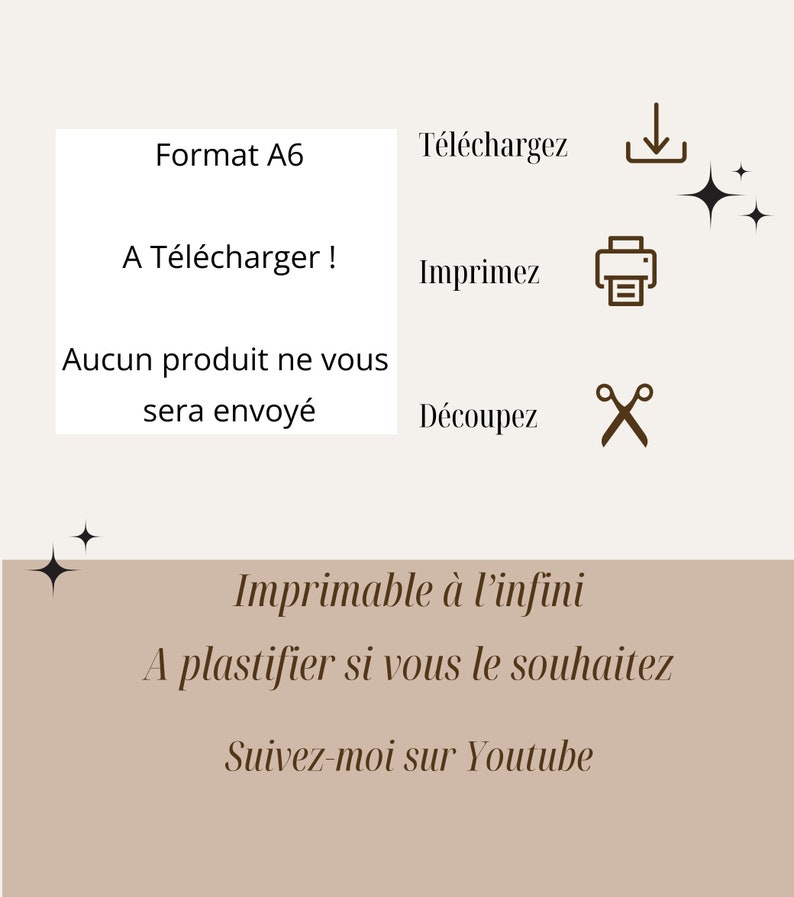 May include: A printable A6 format design that can be downloaded, printed, cut out, and laminated. The design is for a craft project and includes the text "Imprimable &agrave; l'infini A plastifier si vous le souhaitez Suivez-moi sur Youtube".
