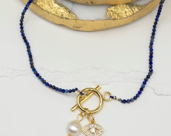Collar oro 14k lapislázuli y perla- collar delicado lapislázuli - dainty jewelry