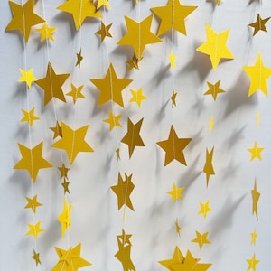 Yellow Star Garland – Celestial Party Banner, Nursery Wall Decor, Baby Shower Decorations, Space Birthday or Photo Backdrop Big Small Stars