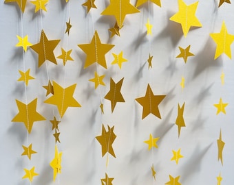 Sunny Yellow Paper Star Garland 11 Feet Long, Big and Little Stars, Large Small Stars, Delicate, Whimsical, Enchanting