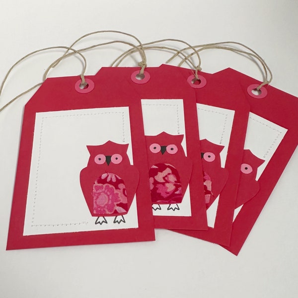 Gift Tags, Red and Pink Owls, Celebration, Birthday, Baby Shower, Girl Bday, Stationery, Mid Century Modern, Cute, Handmade, One-of-a-kind