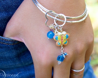 Cloisonné butterfly Bangles Blue Dangles Sterling Silver Sweetheart Heart