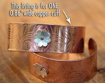 Wide Copper Cuff etched celtic design silver flower spinner held with tiny brass screw (left side etch)