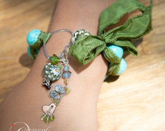 Olive Silk Turquoise Beaded Bracelet Silver Flower Ocean Forest with Butterfly