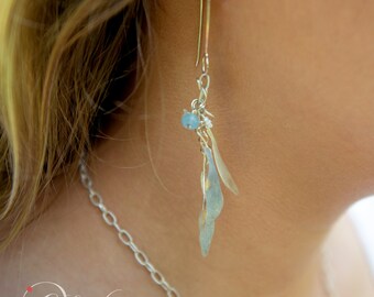 Aquamarine March birthstone Sterling Feather Leaf Earrings silver dangle flutter swingy