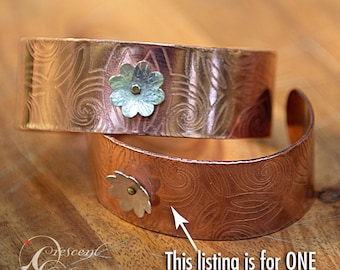 Wide Copper Cuff etched celtic design silver flower spinner held with tiny brass screw (right side etch)