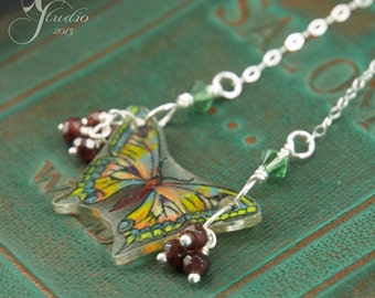 Hand-drawn mini moss green garnet acrylic Butterfly sterling chain necklace with garnets and crystals