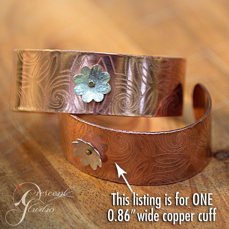 Wide Copper Cuff etched celtic design silver flower spinner held with tiny brass screw right side etch image 1