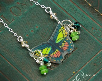 Hand-drawn mini green Butterfly sterling chain necklace made with shrink plastic, quartz and crystals