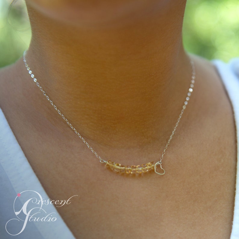 Stack of Citrines with Sterling Heart beaded necklace with sterling silver chain, November birthstone image 1