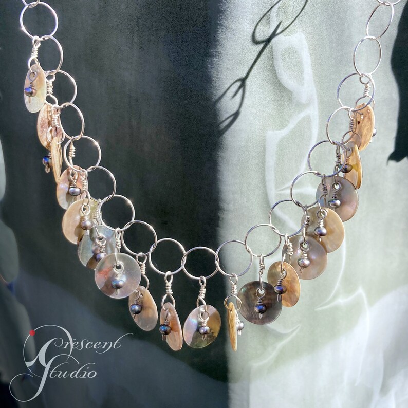 Delicate Handmade Sterling, Pearl, and Mother of Pearl Disc Necklace image 1