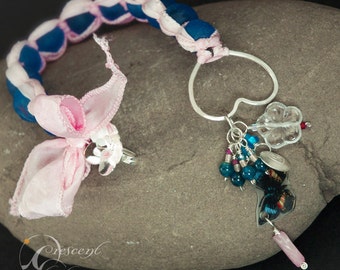 Pink and Blue Floral Silver Flower Ribbon Bracelet  antique blue glass bead pink silk ribbon