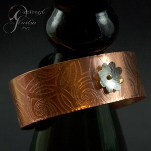 Wide Copper Cuff etched celtic design silver flower spinner held with tiny brass screw right side etch image 5