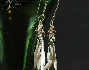 Long Leaf Earrings with Garnets and Pearls sterling silver dangle flutter swingy January birthstone