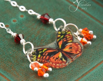 mini Orange Butterfly necklace crystals sterling silver chain necklace made with Hand-drawn shrink plastic