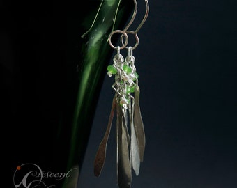 Pearl and Green Quartz Sterling Feather Leaf Earrings silver dangle flutter swingy