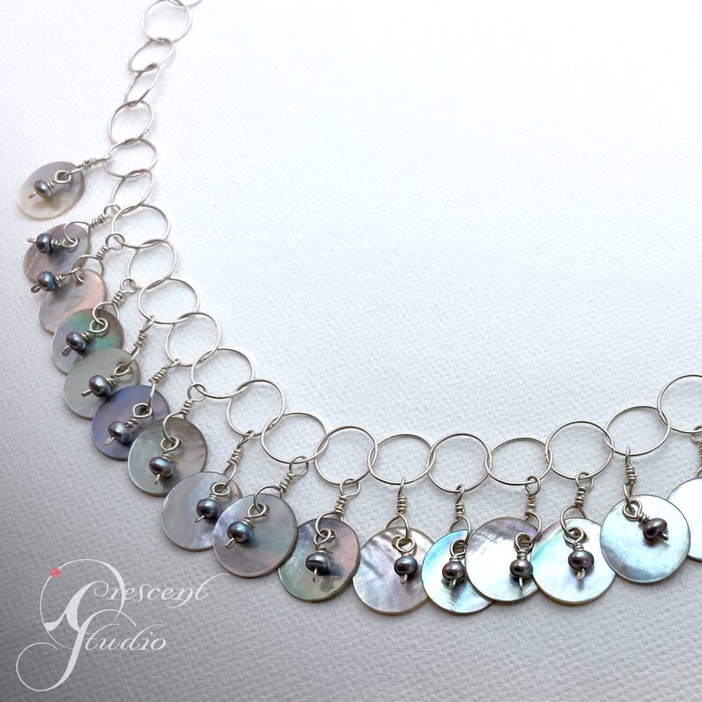 Delicate Handmade Sterling, Pearl, and Mother of Pearl Disc Necklace image 6