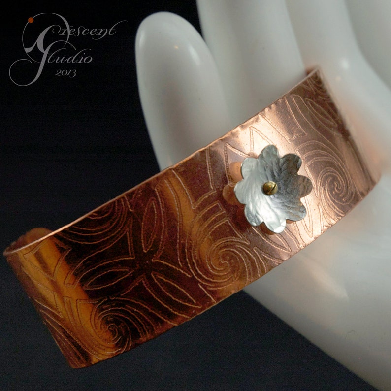 Wide Copper Cuff etched celtic design silver flower spinner held with tiny brass screw right side etch image 6