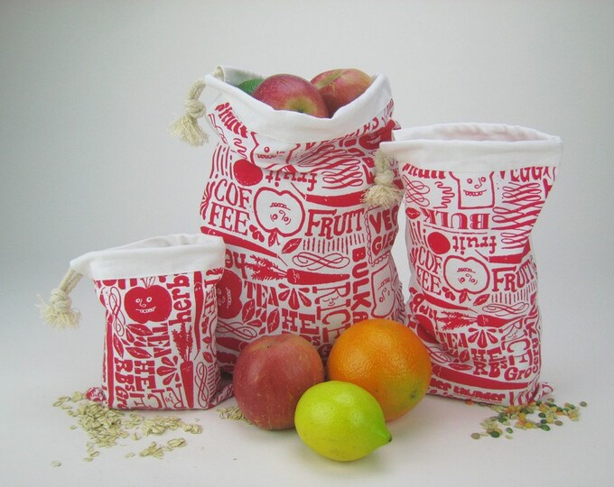Set of 3 Organic Reusable Vegetable Bags in Red Etsy