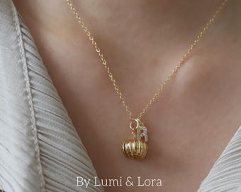 Gold Pumpkin Initial Necklace: Personalized Halloween Charm, Mothers Day Gift