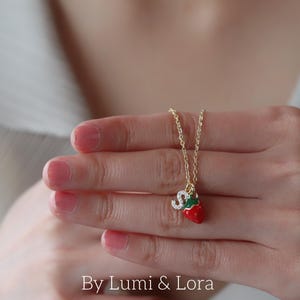 Strawberry Initial Necklace: Dainty Gold Charm, Custom Letter