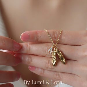 Puede incluir: Collar dorado con una cadena fina y dos colgantes de zapatillas de ballet. Un pequeño dije brillante con la letra "A" también está presente. El texto "By Lumi & Lora" es visible en la parte inferior.