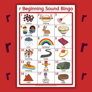 Jogo de bingo com som R, cartões de articulação para terapia da fala, atividade fonética (download digital para impressão)