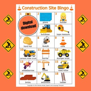 Bingo de canteiro de obras, cartelas de bingo para impressão, atividade de construção, jogo de tabuleiro para terapia da fala, jogo de festa de aniversário de construção para crianças