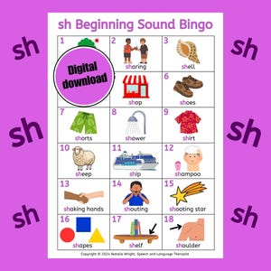 Juego de bingo de sonidos del habla imprimible, tarjeta de sonido inicial, tarjetas de articulación del habla, juego de terapia del habla, tarjeta didáctica de fonética para niños