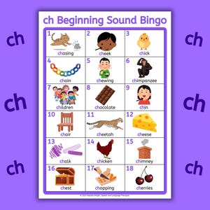 Juego de bingo de sonidos CH, tarjetas de articulación para terapia del habla, actividad fonética (descarga digital imprimible)