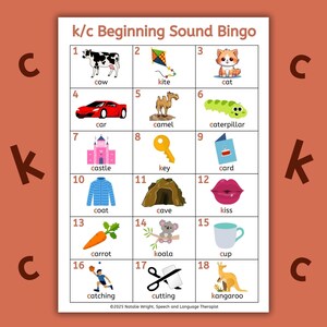 Jeu de bingo avec son vocal k/c imprimable, Carte son pour débutants, Articulation de la parole, Jeu d'orthophonie, Carte flash phonétique pour enfants, Outil