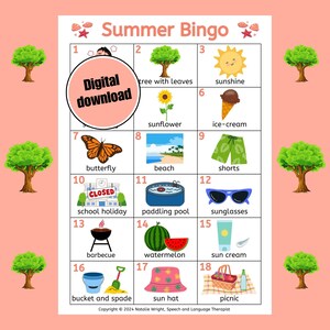 Summer Bingo Game for Kids: Vocabulary Learning (Digital Download)