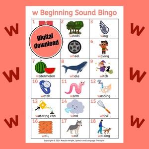 w Gioco del bingo dei suoni del parlato stampabile, Scheda dei suoni per principianti, Schede di articolazione del parlato, Gioco di logopedia, Scheda di flash di fonetica per bambini, Strumento