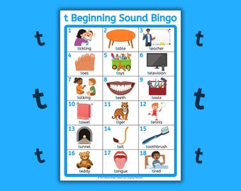 T Sound Bingo Game, Speech Therapy Articulation Cards, Phonics Activity (Printable Digital Download)