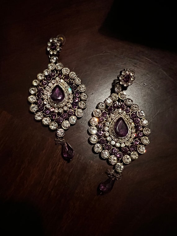 Vintage Rhinestone Earrings Purple and Gold