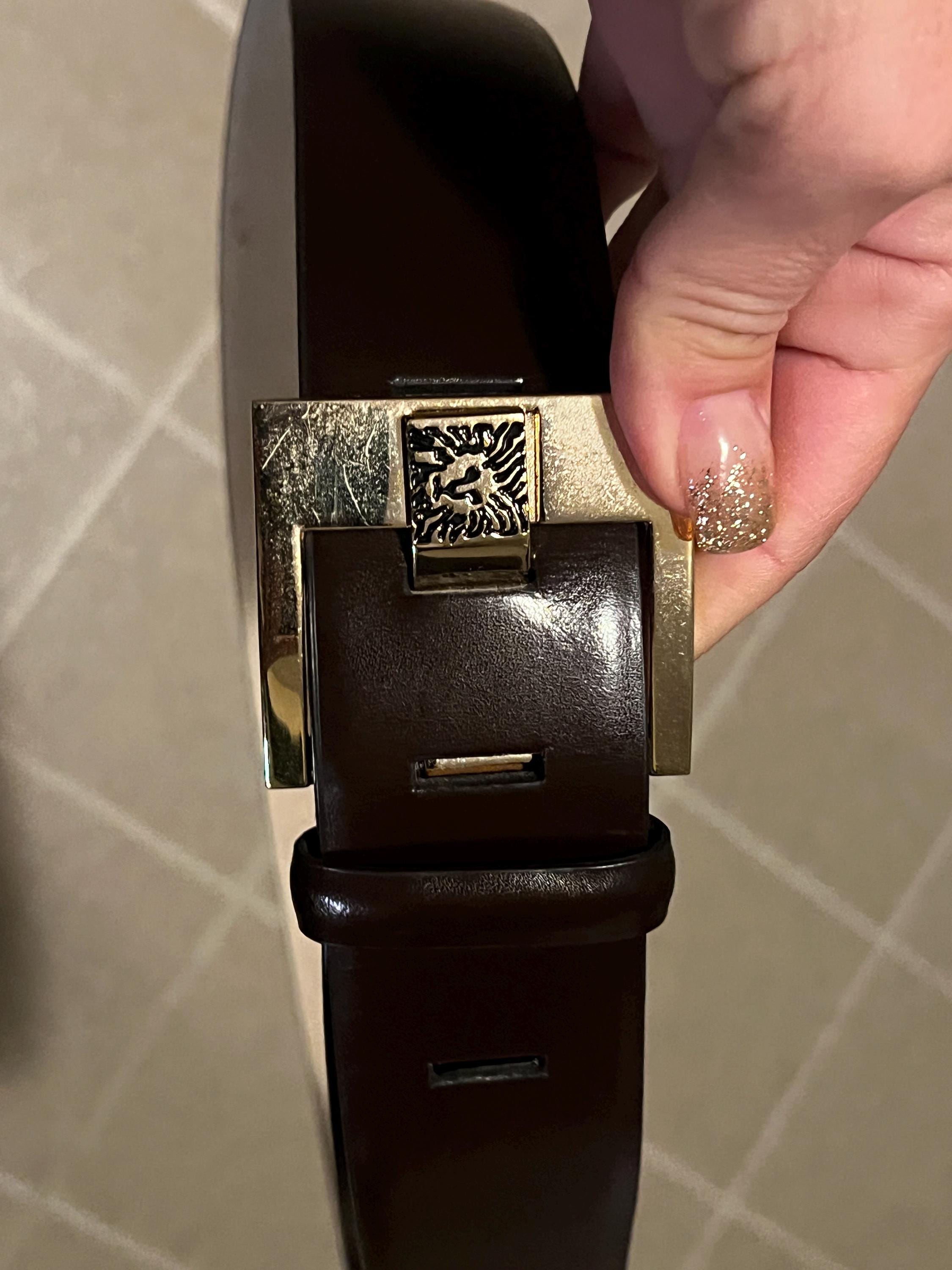 Vintage Anne Klein Brown Leather Belt, Gold Lion Buckle  display picture 1