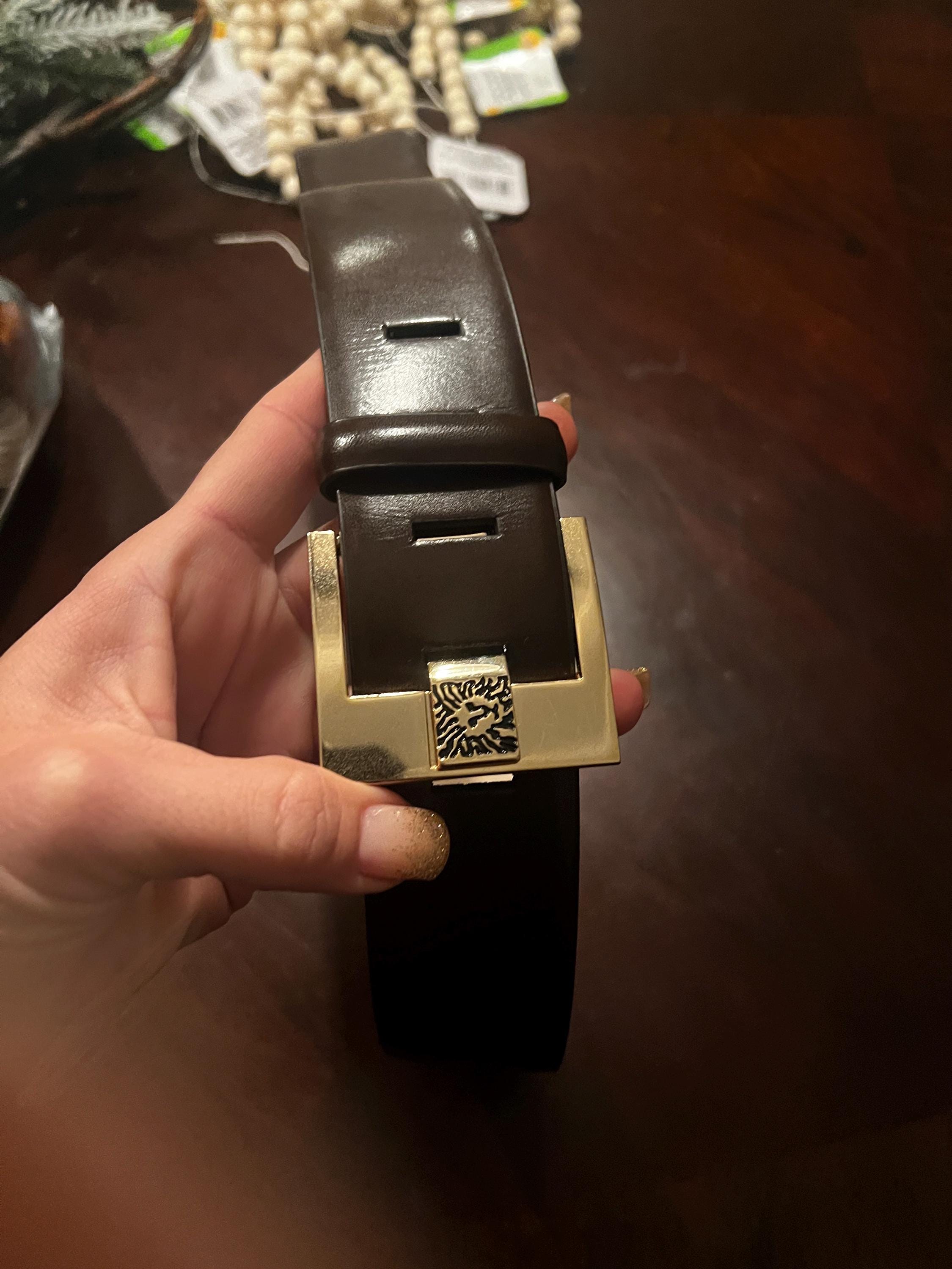 Vintage Anne Klein Brown Leather Belt, Gold Lion Buckle  display picture 2
