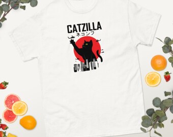 T-shirt chat unisexe, chemise femme femme, t-shirt homme homme, haut catlover, conception graphique, chat Godzilla, chemise créative drôle