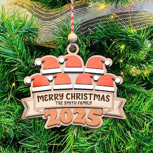 2025 Family Santa Hat Ornament, Christmas Ornament Laser Cut File, Personalized Family Name Svg, Wood Ornament Svg, Glowforge Ready File Svg