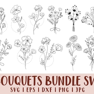 Paquete de ramo floral Svg, Svg de flores silvestres, Svg de prado de flores, Svg de borde de flores, ramo de flores minimalista, boceto de flores, Svg del Día del Padre.