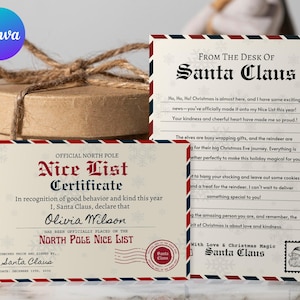 Modello di certificato di lista dei buoni di Babbo Natale, certificato di Babbo Natale modificabile, set di certificati ufficiali di lista dei buoni di Natale per bambini, vigilia di Natale