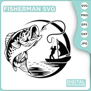 Pescador atrapando peces Svg, Lubina saltando fuera del agua Svg, EPS, PNG, Pesca Svg, Cricut, Clipart, Pesca divertida, Día del padre, Archivo de corte.
